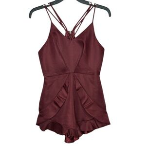 L’atiste by Amy Burgundy Satin Romper Women’s Strappy Ruffle Hem. Size S